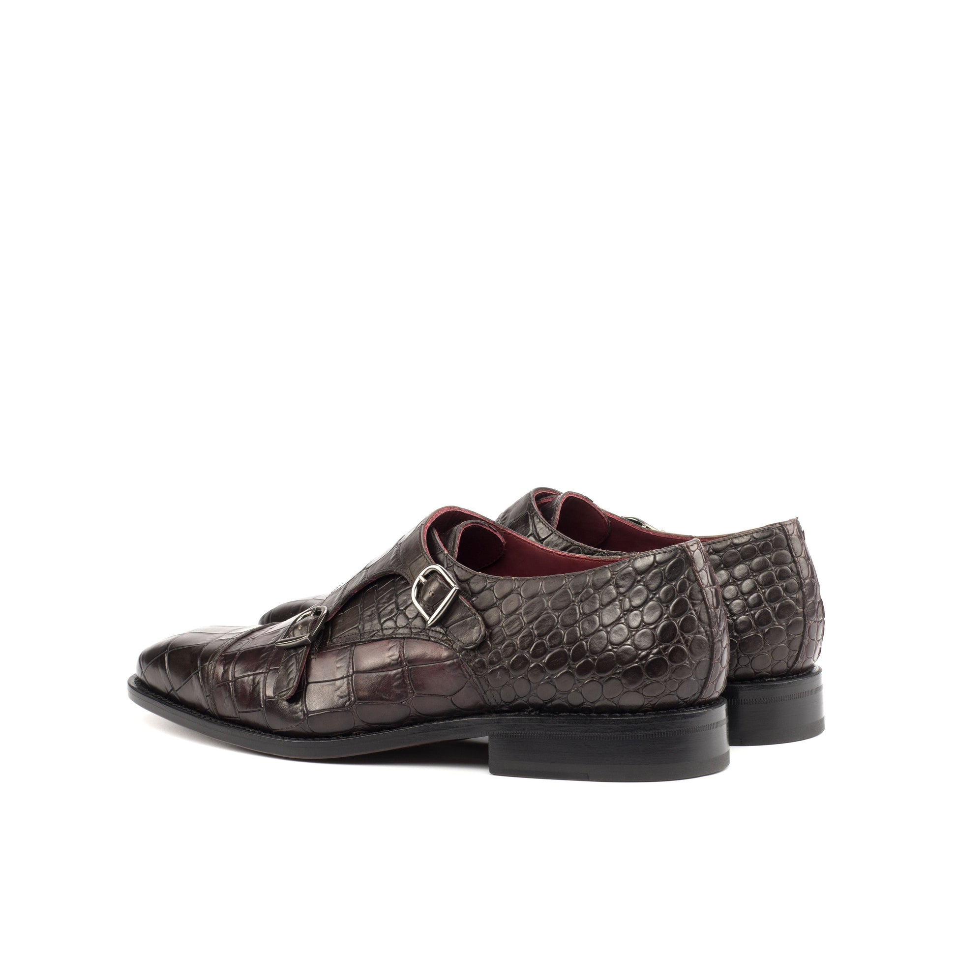 Double Monk Strap in Dark Brown Painted Croco-Embossed Box Calf and Burgundy Painted Croco-Embossed Box Calf, rear three-quarter view