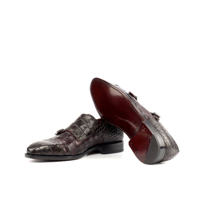 Double Monk Strap in Dark Brown Painted Croco-Embossed Box Calf and Burgundy Painted Croco-Embossed Box Calf showing dark red leather sole