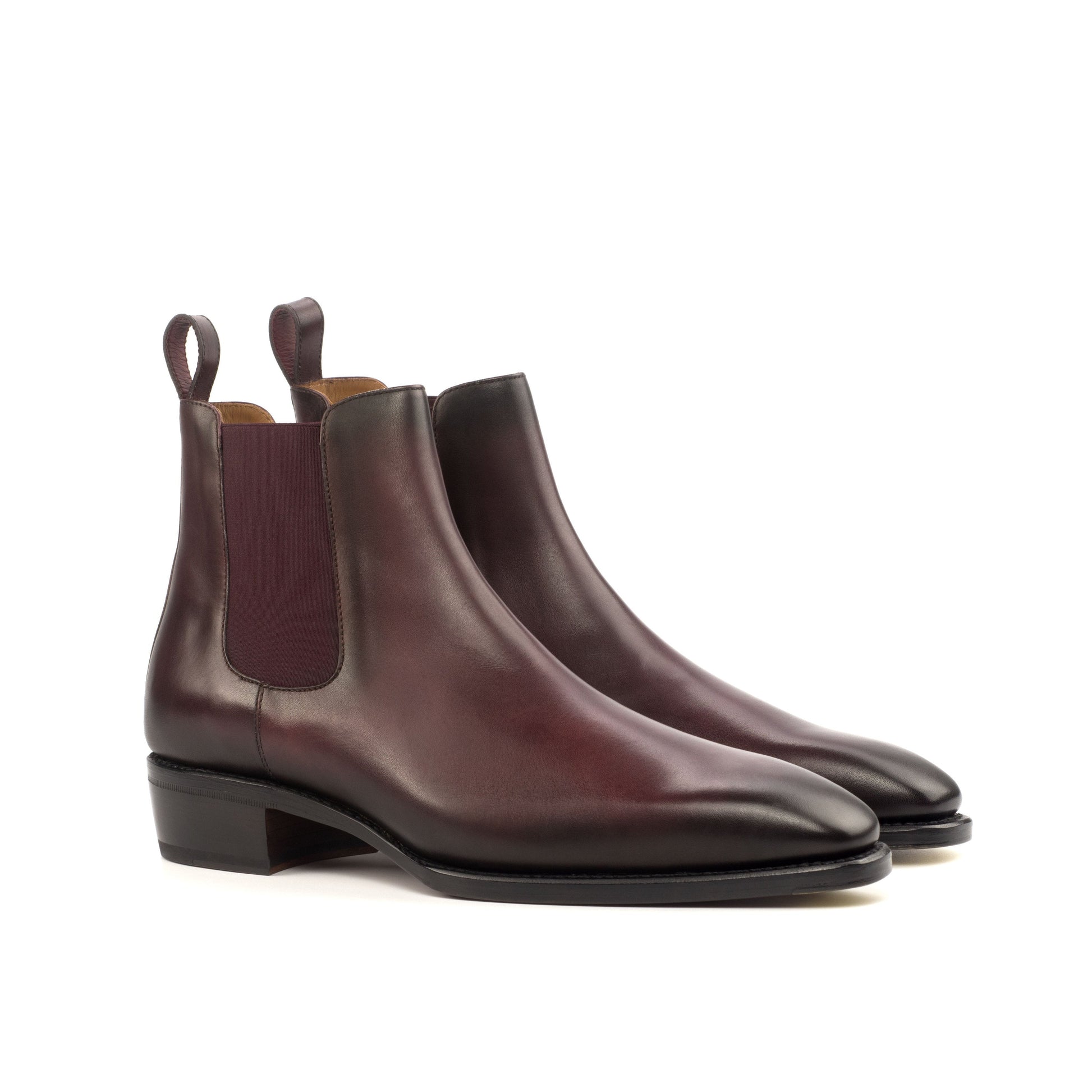 Burnished burgundy box calf Chelsea boots, front three-quarter view