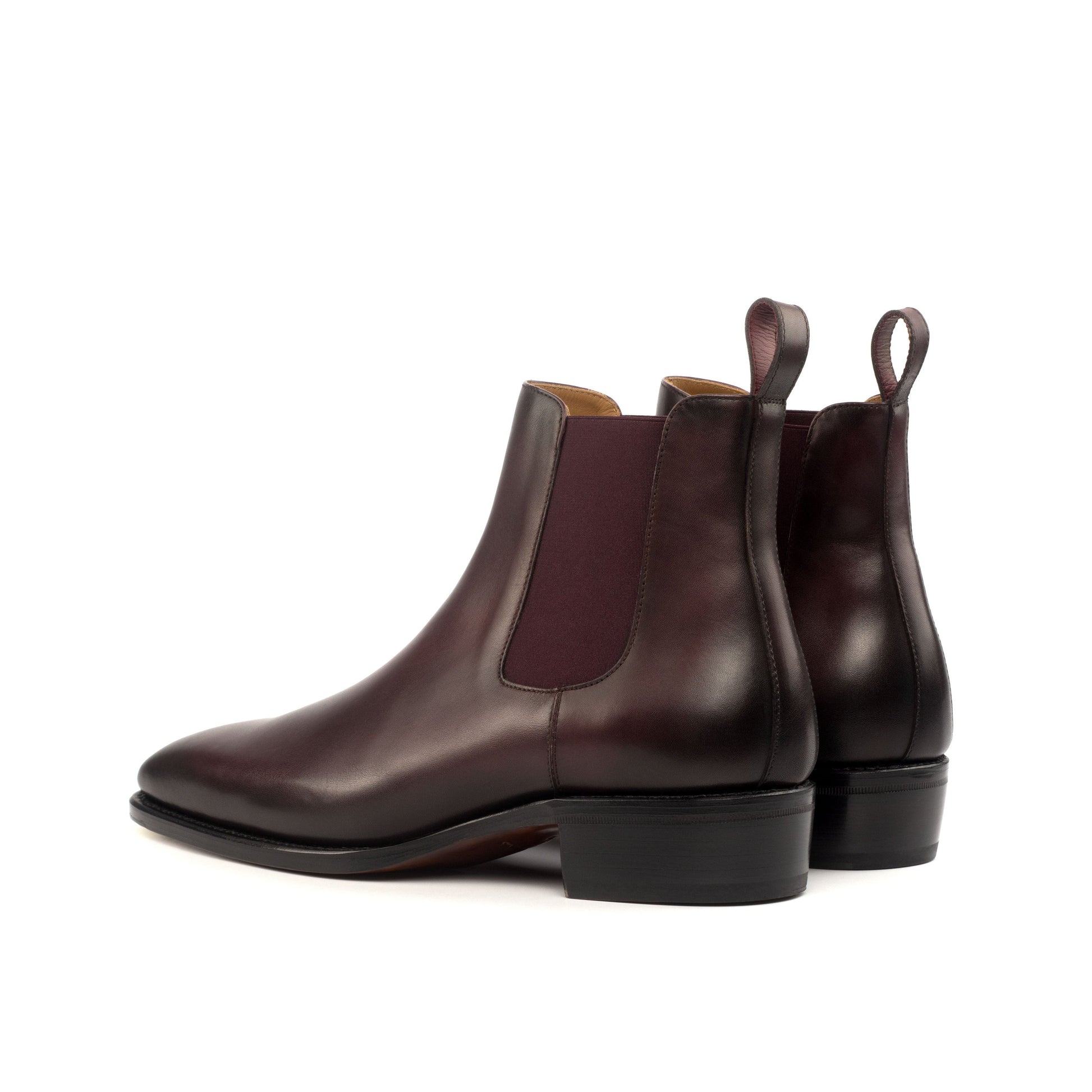 Burnished burgundy box calf Chelsea boots, rear three-quarter view