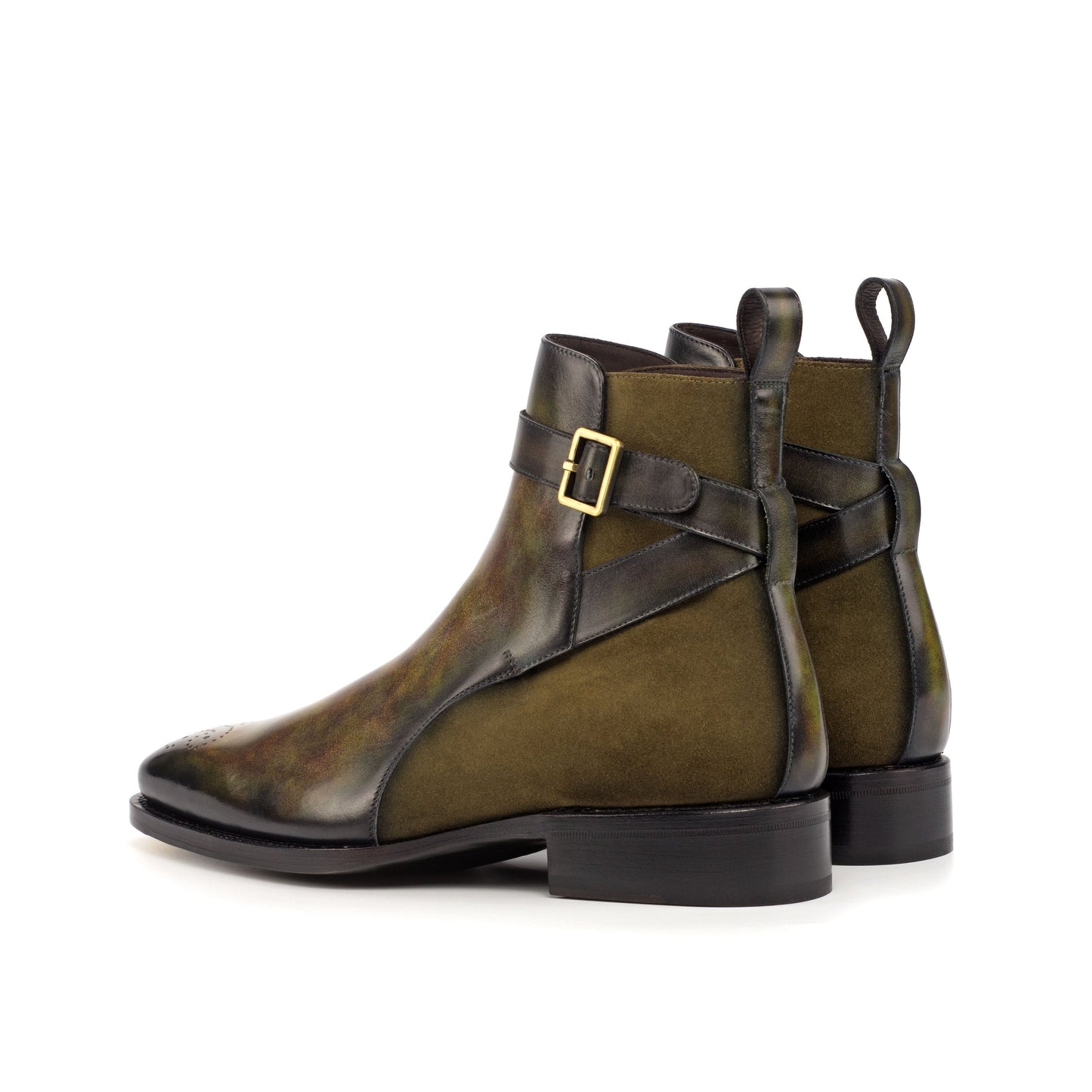 Jodhpur Boot in Khaki Lux Suede and Green Museum Patina Box Calf, rear three-quarter view