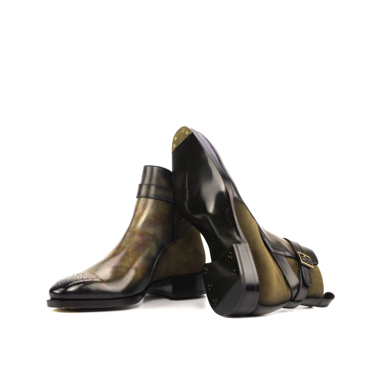 Jodhpur Boot in Khaki Lux Suede and Green Museum Patina Box Calf showing forest green leather sole with a bevelled waist