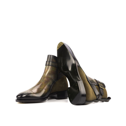 Jodhpur Boot in Khaki Lux Suede and Green Museum Patina Box Calf showing forest green leather sole with a bevelled waist