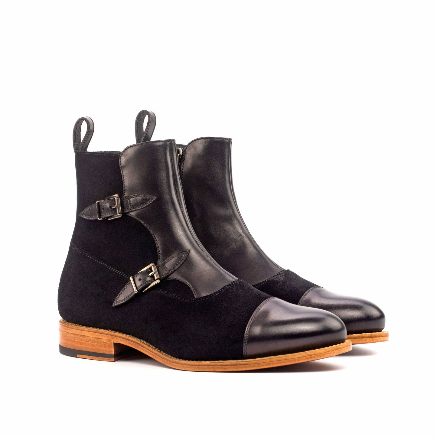 Double Buckle Boot in Black Lux Suede and Black Painted Box Calf, front three-quarter view