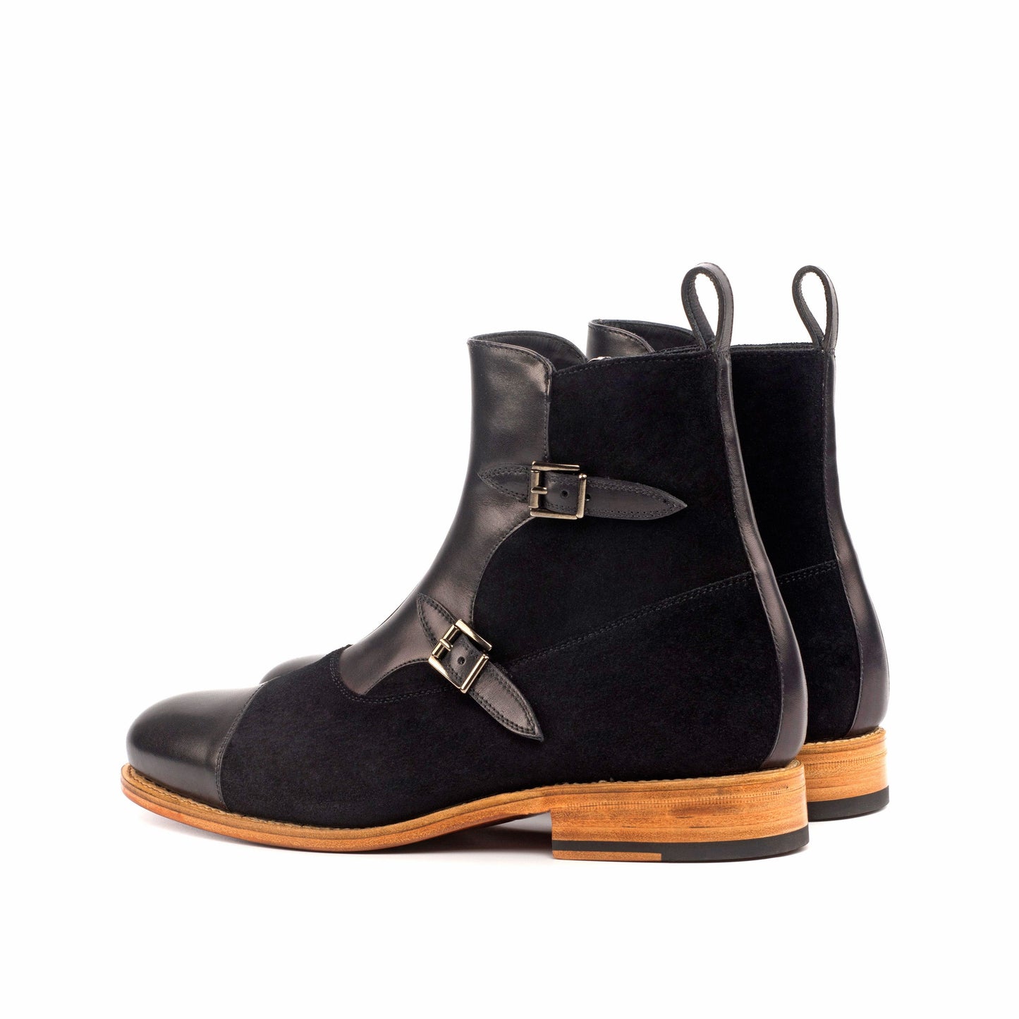Double Buckle Boot in Black Lux Suede and Black Painted Box Calf, rear three-quarter view