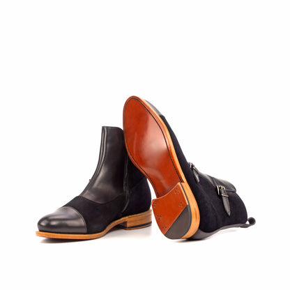 Double Buckle Boot in Black Lux Suede and Black Painted Box Calf showing cognac leather sole