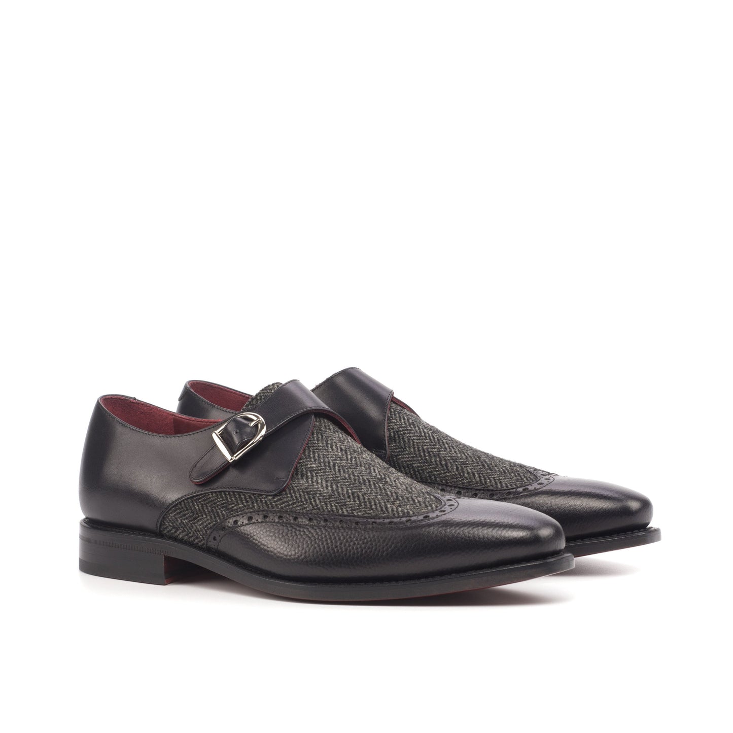 Single Monk Strap in Black Painted Pebble-Grain Box Calf and Black Herringbone Fabric, front three-quarter view