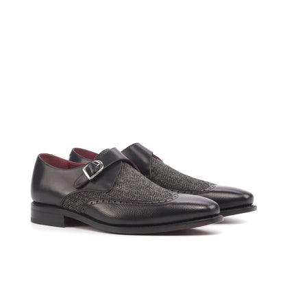 Single Monk Strap in Black Painted Pebble-Grain Box Calf and Black Herringbone Fabric, front three-quarter view