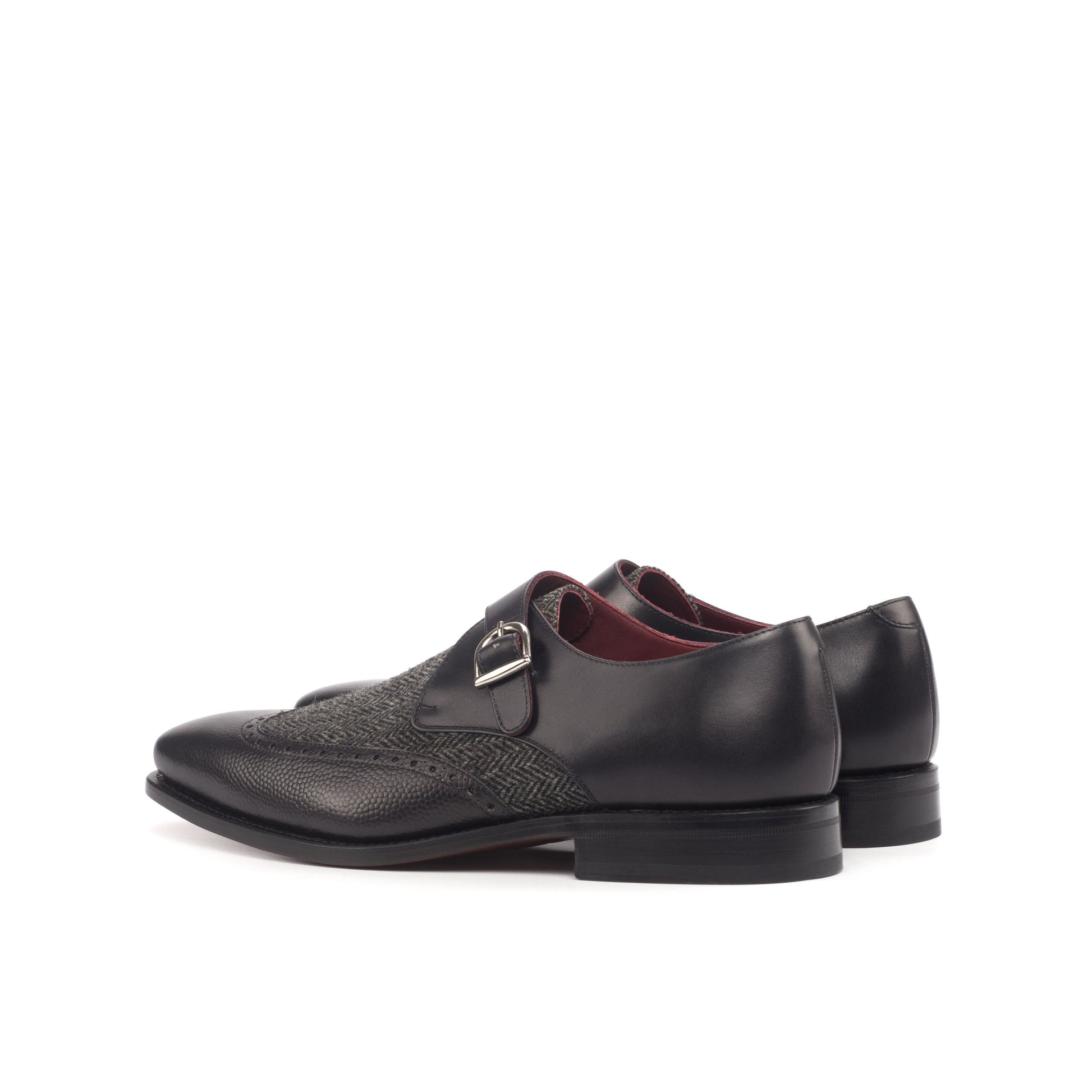 Single Monk Strap in Black Painted Pebble-Grain Box Calf and Black Herringbone Fabric, rear three-quarter view