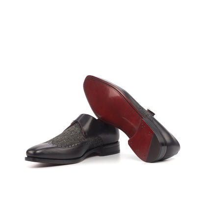 Single Monk Strap in Black Painted Pebble-Grain Box Calf and Black Herringbone Fabric showing red leather sole