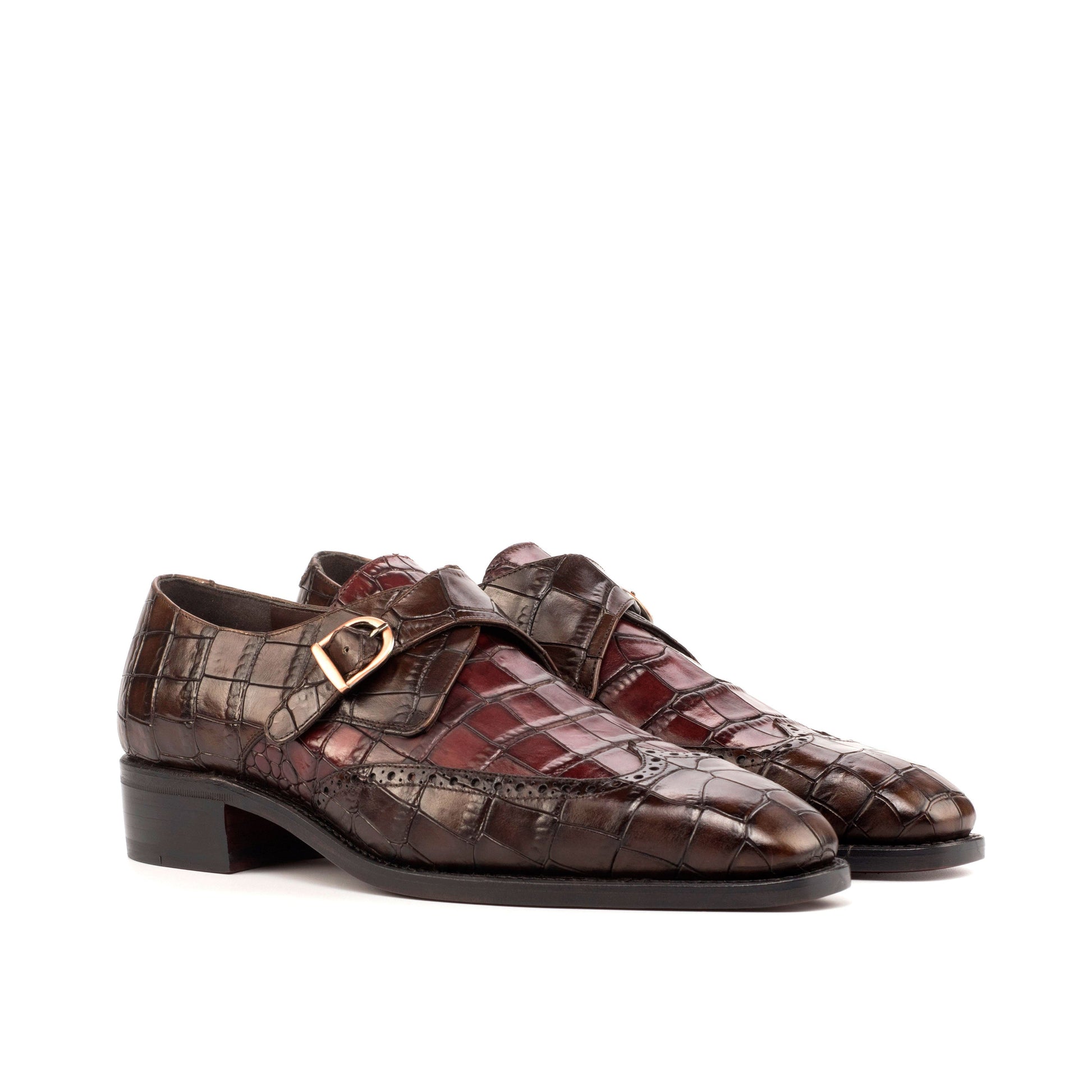 Single Monk Strap in Dark Brown Painted Croco-Embossed Box Calf and Black Herringbone Fabric, front three-quarter view