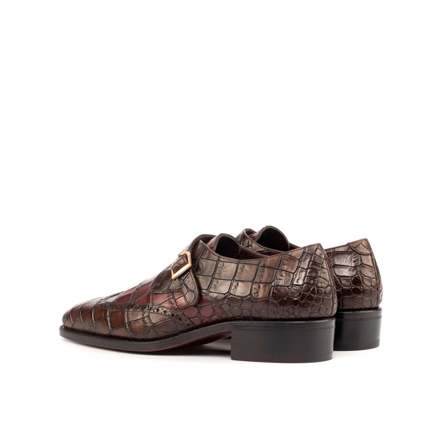 Single Monk Strap in Dark Brown Painted Croco-Embossed Box Calf and Black Herringbone Fabric, rear three-quarter view
