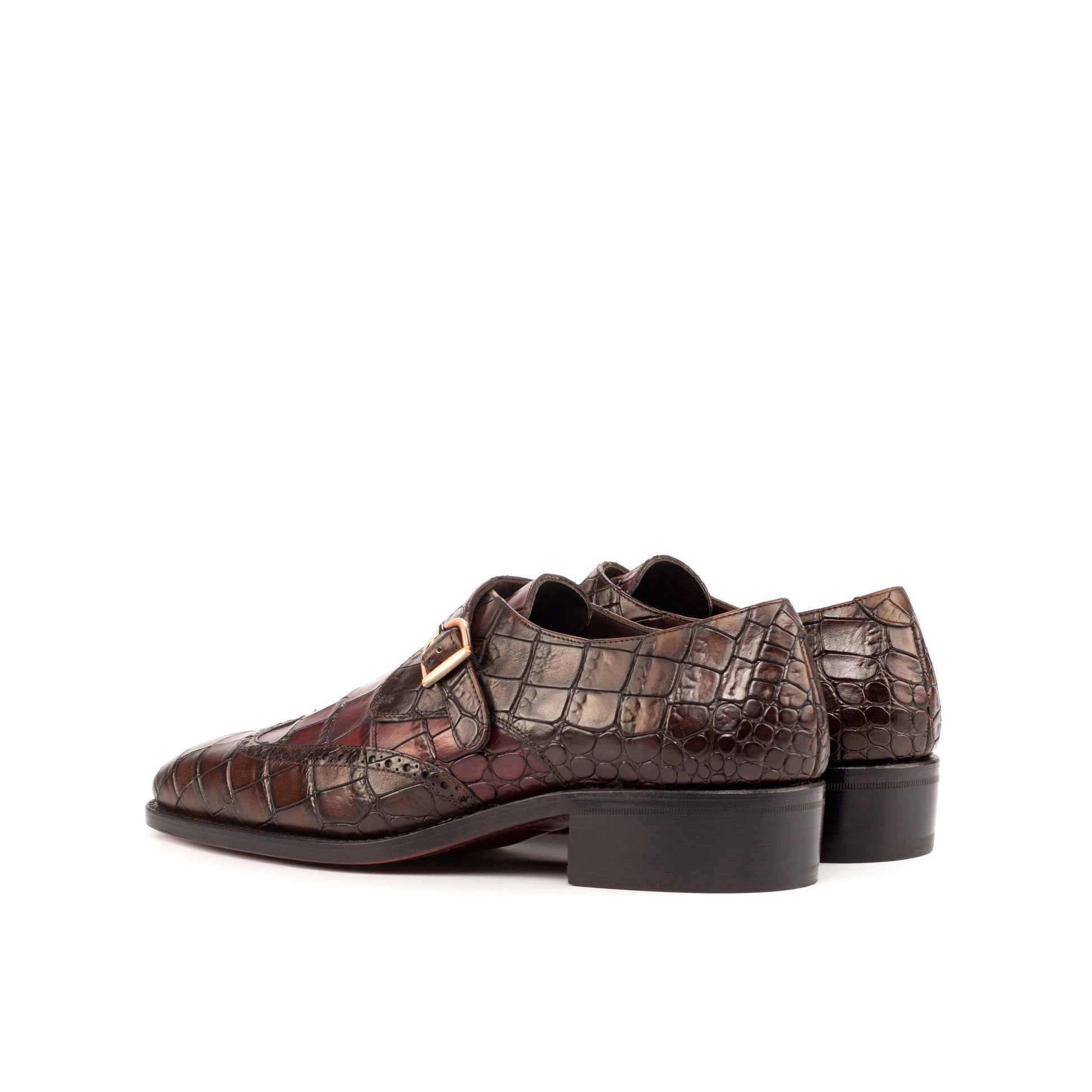 Single Monk Strap in Dark Brown Painted Croco-Embossed Box Calf and Black Herringbone Fabric, rear three-quarter view