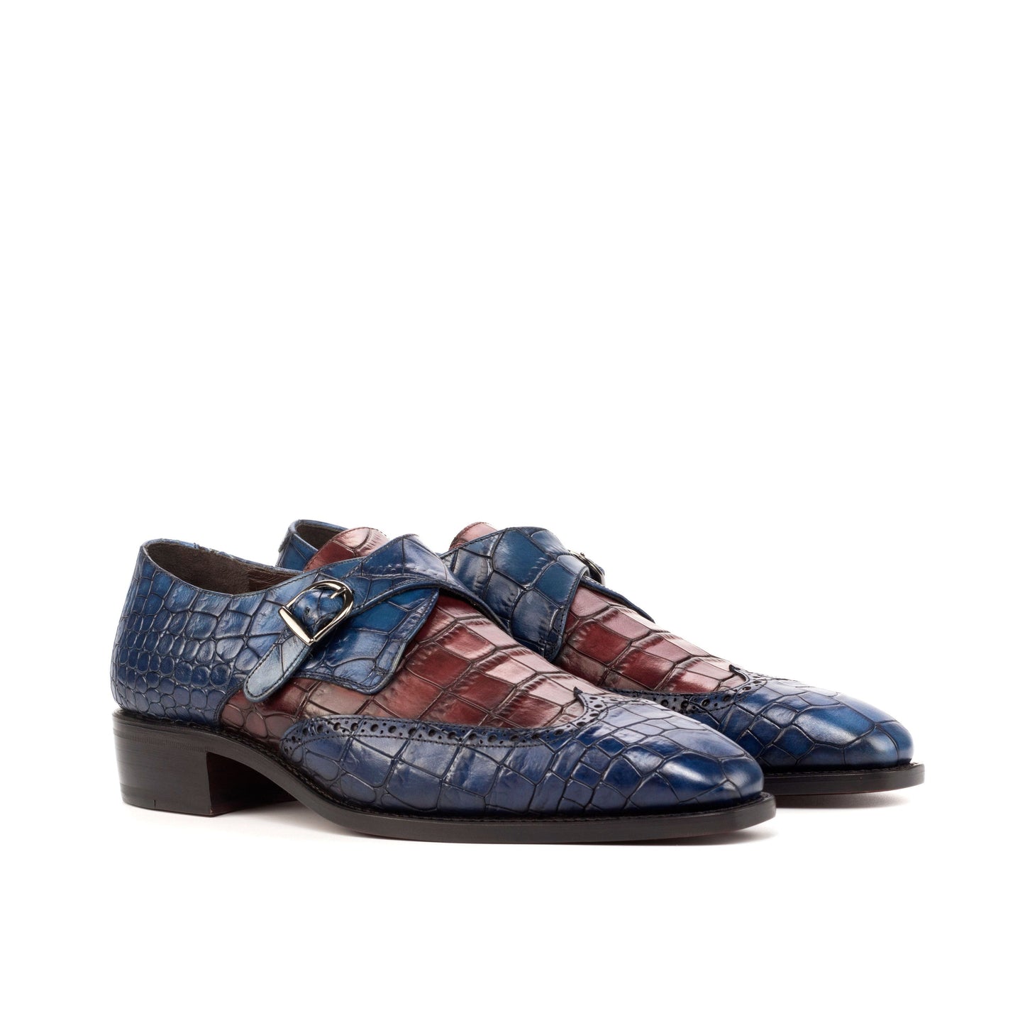 Single Monk Strap in Navy Painted Croco-Embossed Box Calf and Black Herringbone Fabric, front three-quarter view
