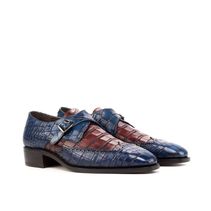 Single Monk Strap in Navy Painted Croco-Embossed Box Calf and Black Herringbone Fabric, front three-quarter view