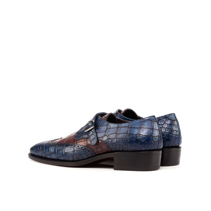 Single Monk Strap in Navy Painted Croco-Embossed Box Calf and Black Herringbone Fabric, rear three-quarter view