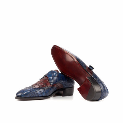 Single Monk Strap in Navy Painted Croco-Embossed Box Calf and Black Herringbone Fabric showing dark red leather sole