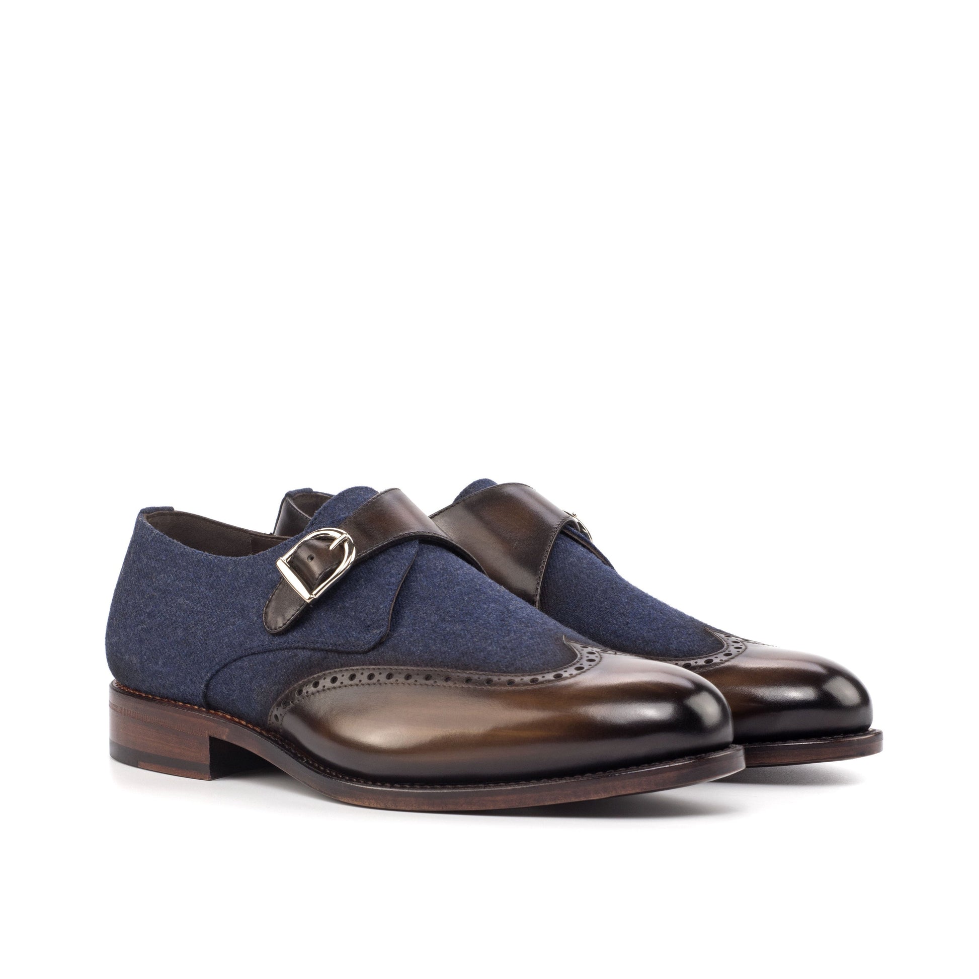 Single Monk Strap in Brown Patina Box Calf and Navy Denim, front three-quarter view