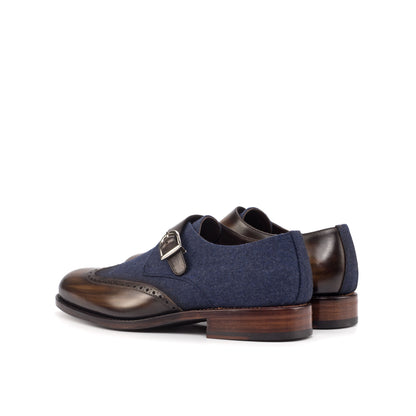 Single Monk Strap in Brown Patina Box Calf and Navy Denim, rear three-quarter view