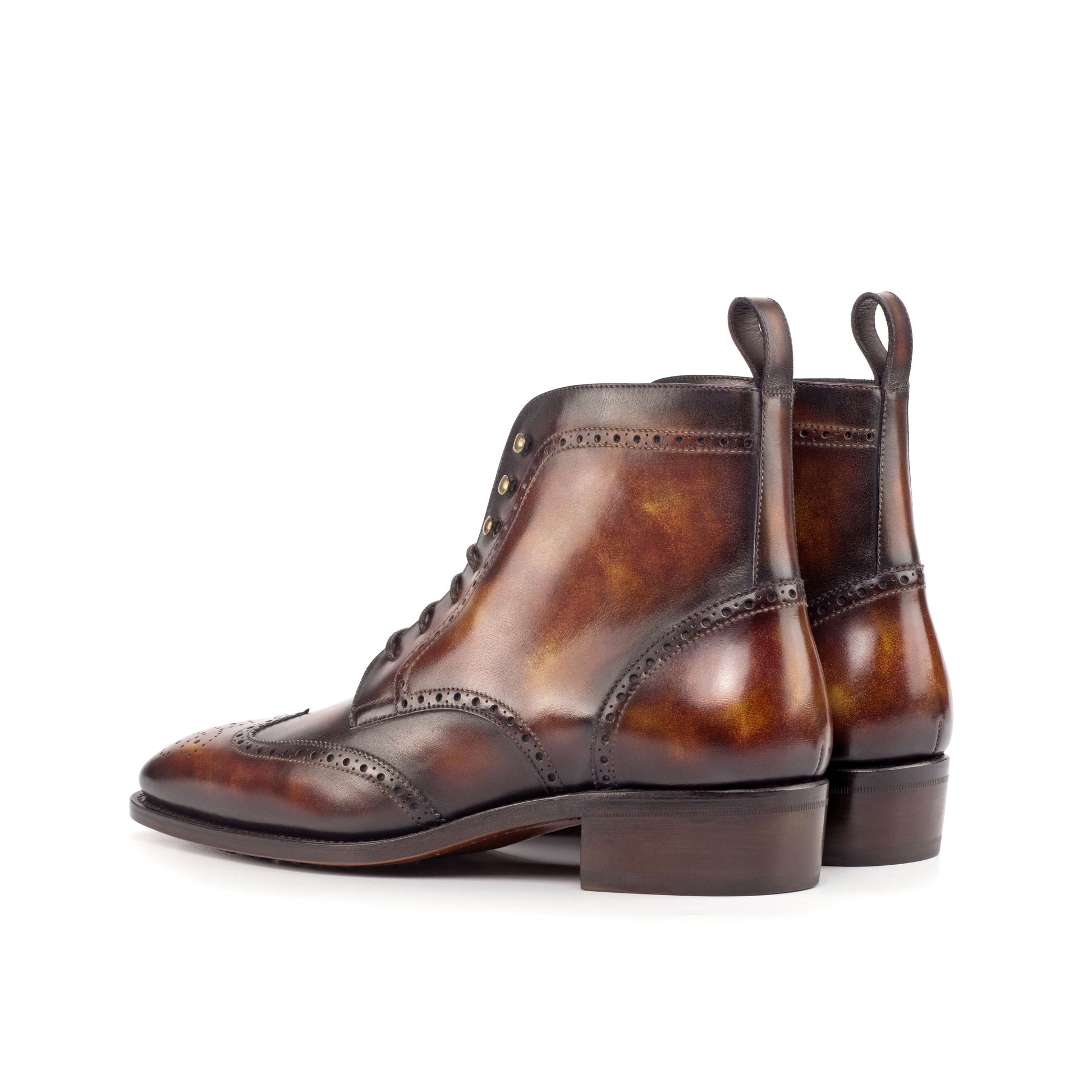 Wingtip Boot in Fire Museum Patina Box Calf, rear three-quarter view