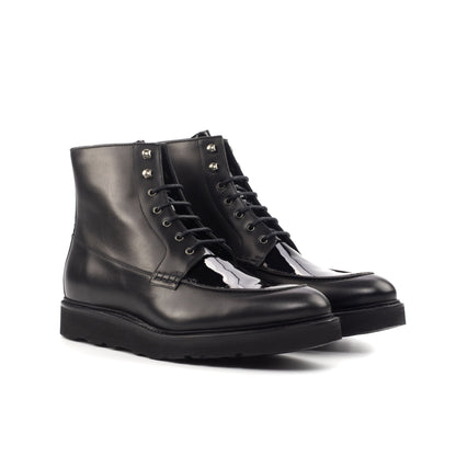 Moc Toe Boot in Black Box Calf and Black Patent Leather, front three-quarter view