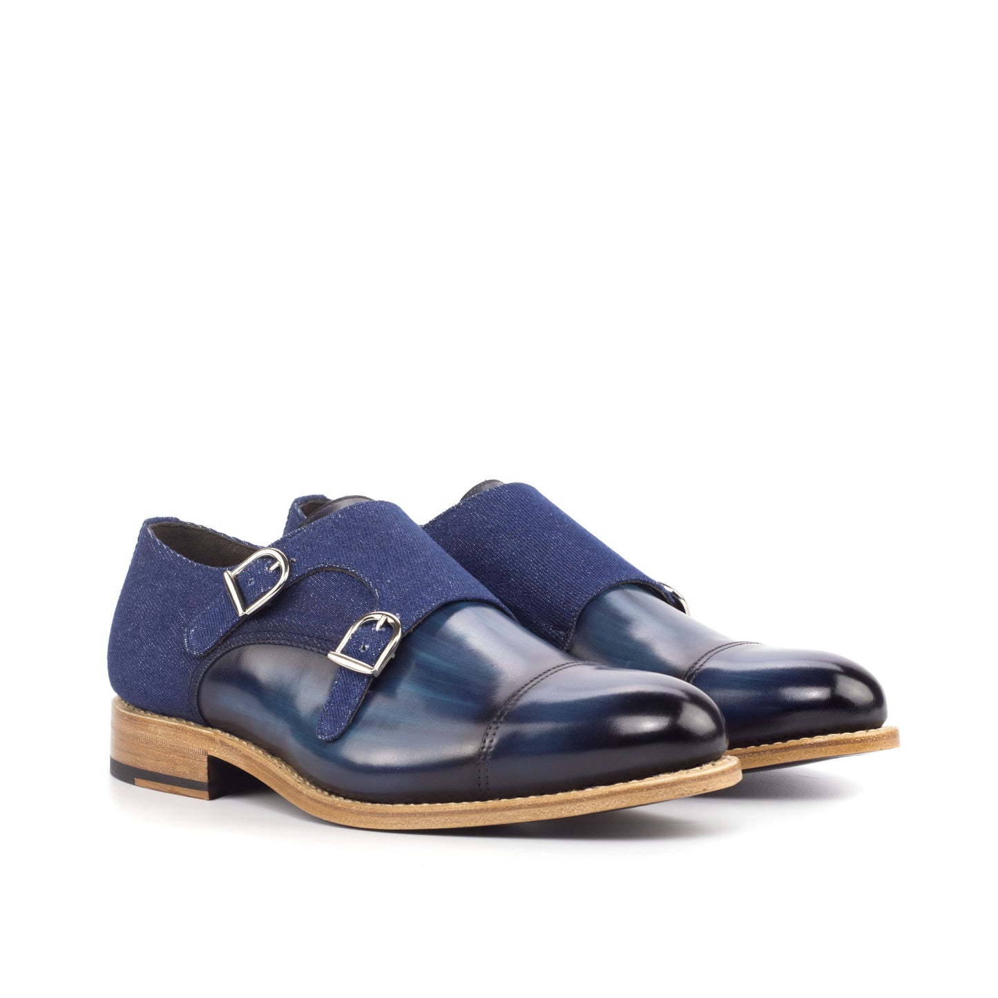 Double Monk Strap in Denim Patina Box Calf and Navy Denim, front three-quarter view