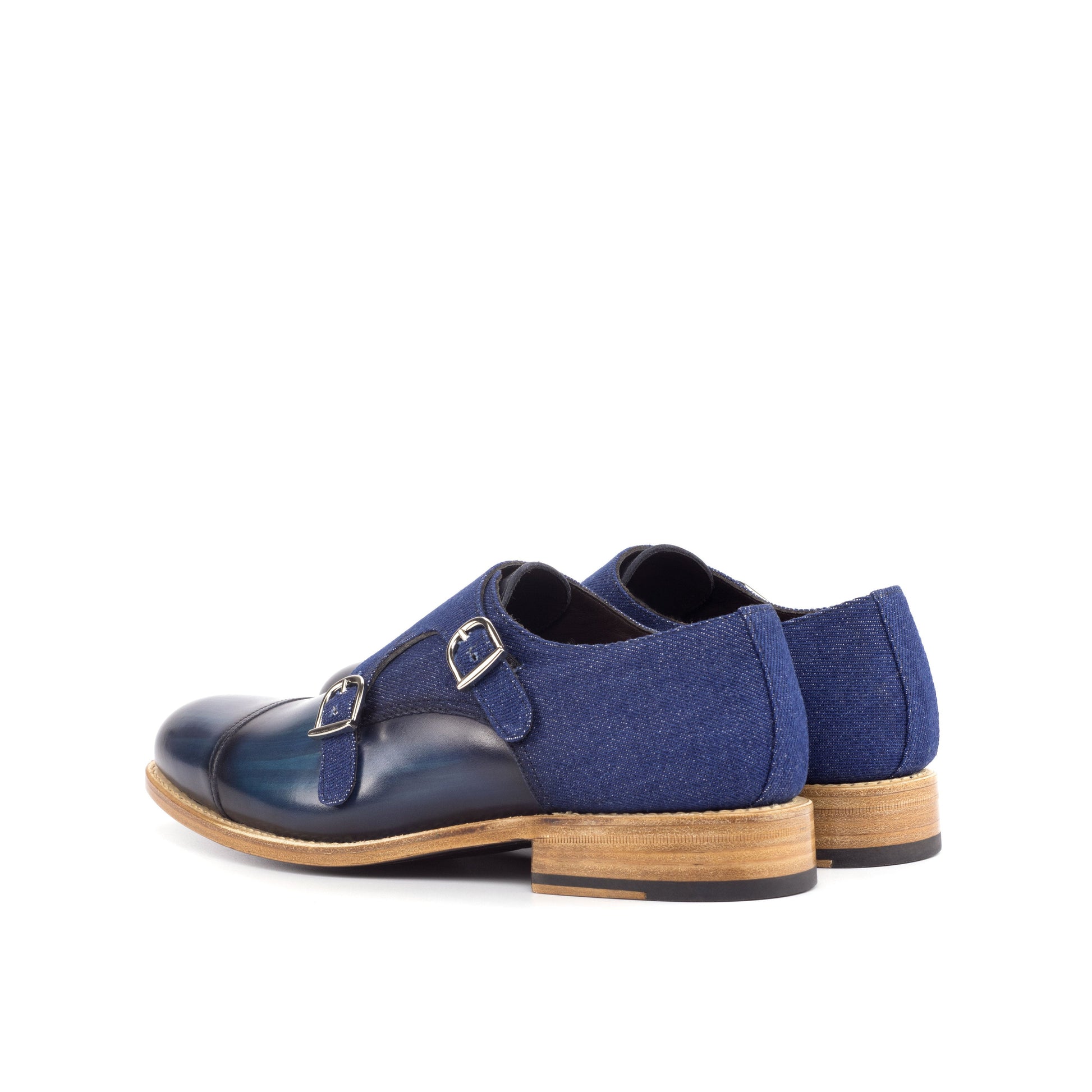 Double Monk Strap in Denim Patina Box Calf and Navy Denim, rear three-quarter view
