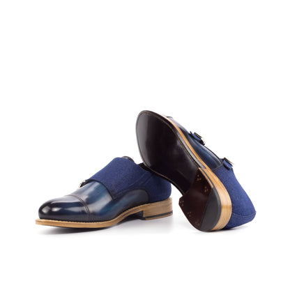 Double Monk Strap in Denim Patina Box Calf and Navy Denim showing brown leather sole