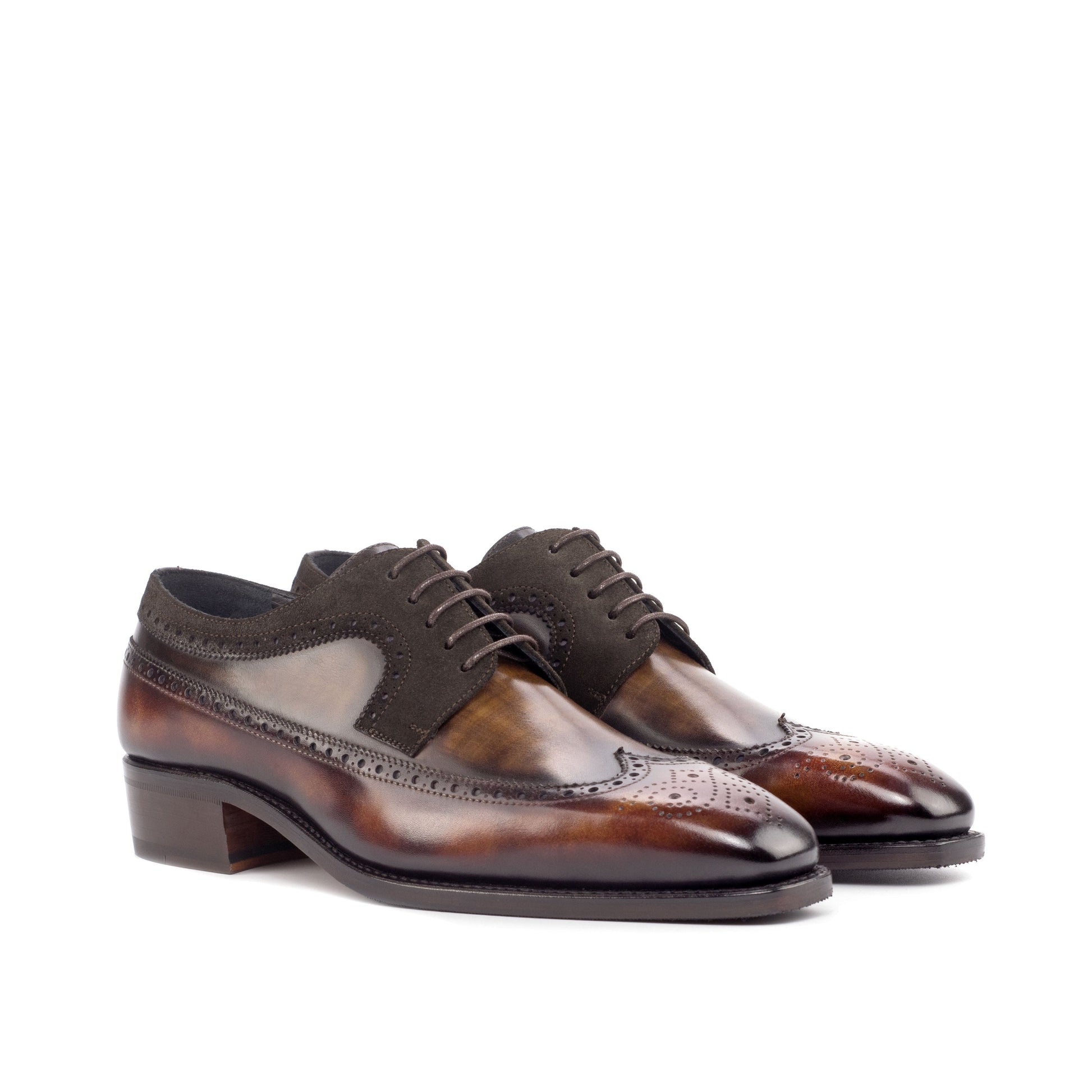 Long Wingtip Derby in Fire Museum Patina Box Calf and Brown Patina Box Calf, front three-quarter view