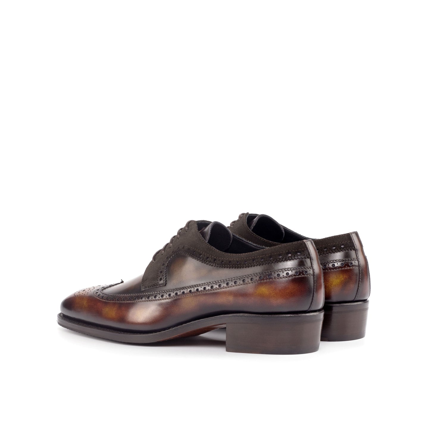 Long Wingtip Derby in Fire Museum Patina Box Calf and Brown Patina Box Calf, rear three-quarter view
