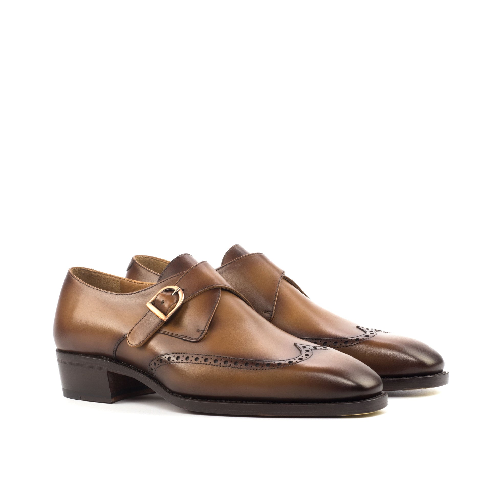 Single Monk Strap in Burnished Cognac Box Calf, front three-quarter view