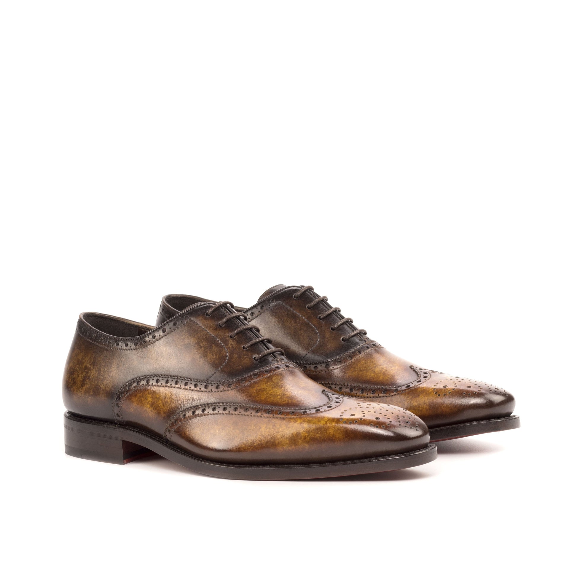 Wingtip Oxford in Cognac Marble Patina Box Calf and Brown Marble Patina Box Calf, front three-quarter view