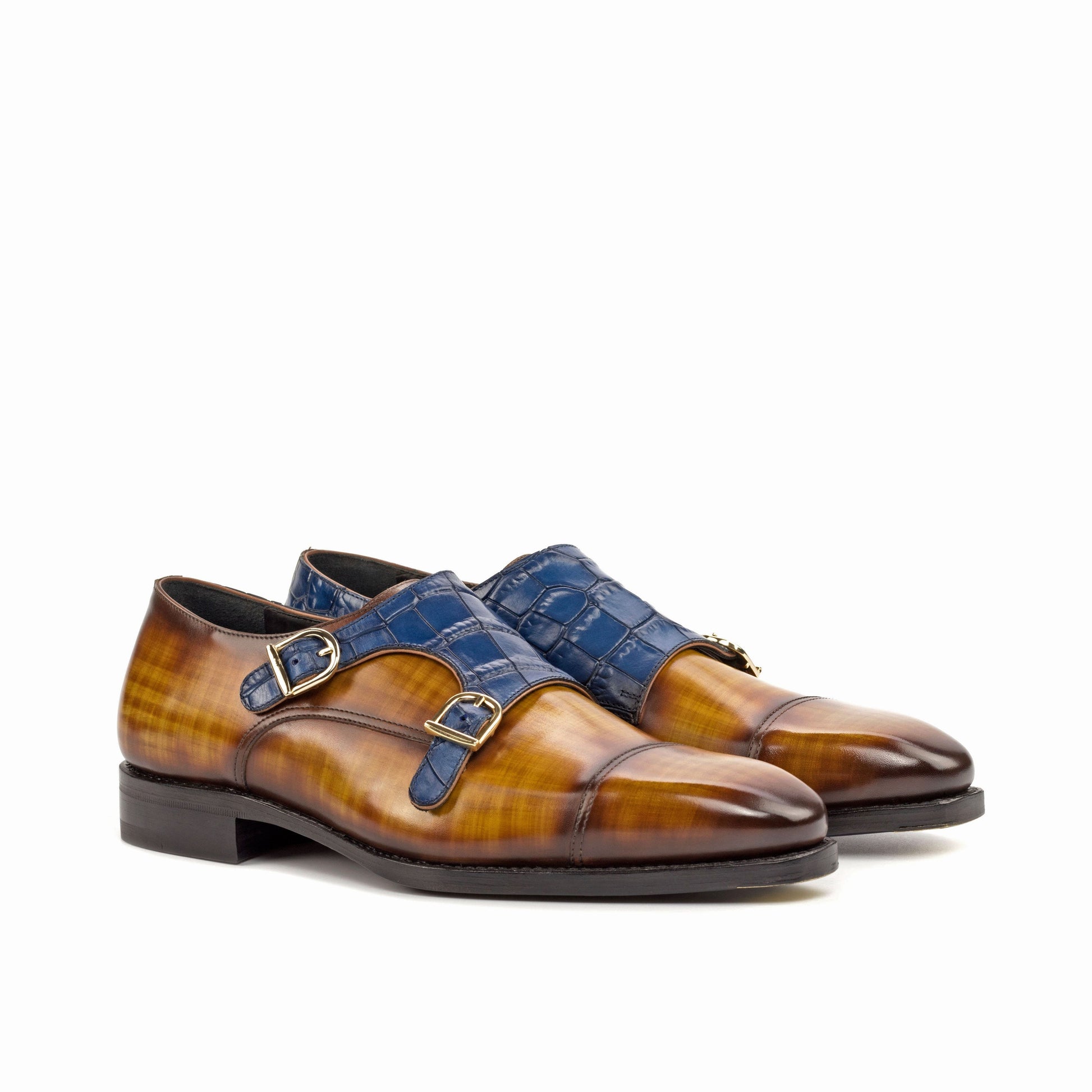Double Monk Strap in Cognac Patina Box Calf and Navy Painted Croco-Embossed Box Calf, front three-quarter view