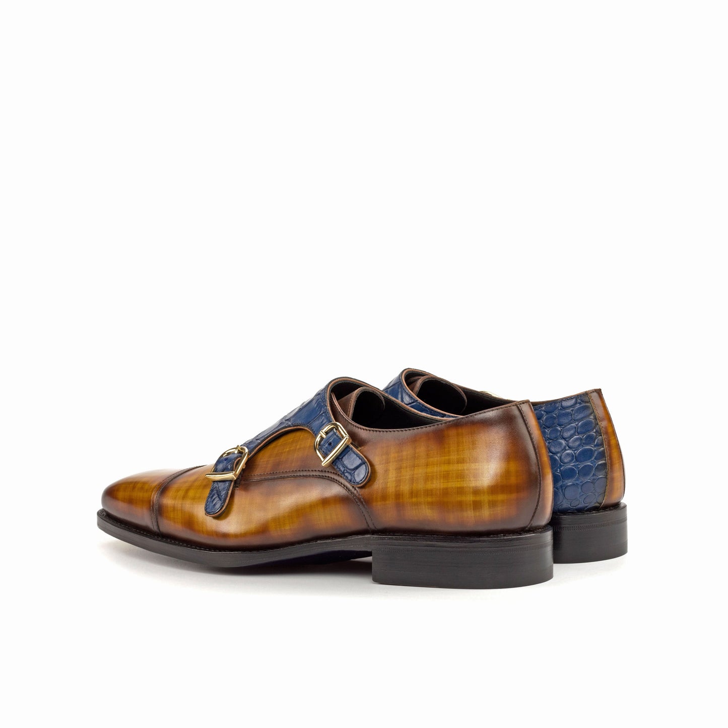 Double Monk Strap in Cognac Patina Box Calf and Navy Painted Croco-Embossed Box Calf, rear three-quarter view