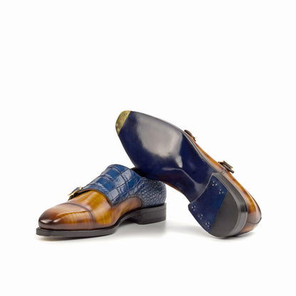 Double Monk Strap in Cognac Patina Box Calf and Navy Painted Croco-Embossed Box Calf showing ultramar leather sole with a bevelled waist