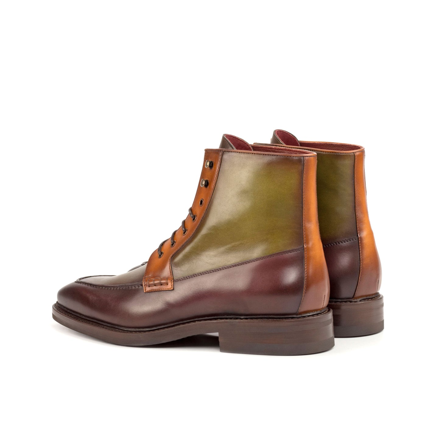 Moc Toe Boot in Burnished Olive Painted Box Calf and Burnished Cognac Painted Box Calf, rear three-quarter view