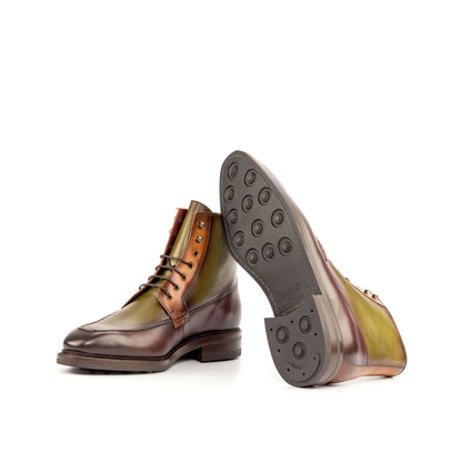 Moc Toe Boot in Burnished Olive Painted Box Calf and Burnished Cognac Painted Box Calf showing black dainite rubber sole