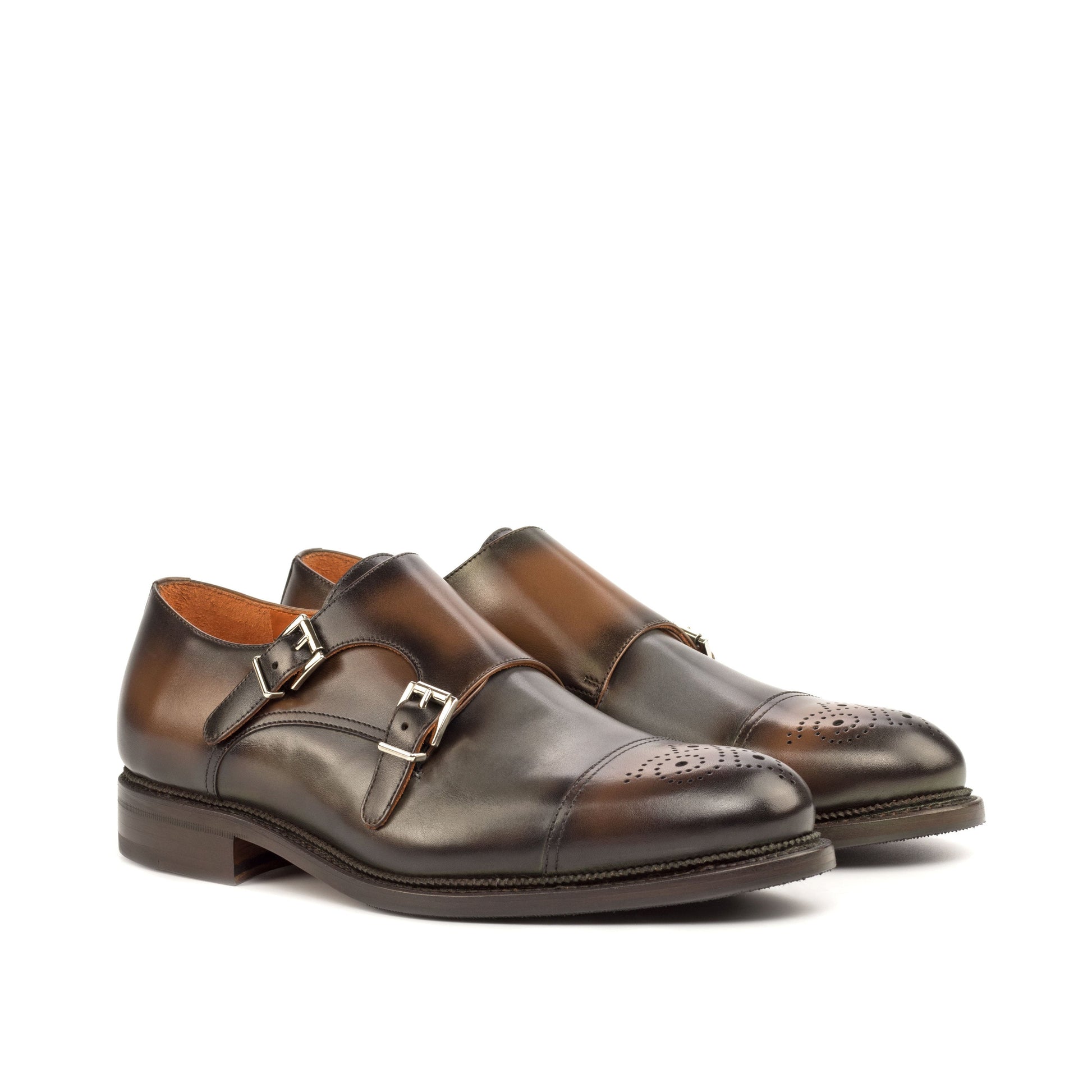 Double Monk Strap in Burnished Burgundy Painted Box Calf and Burnished Grey Painted Box Calf, front three-quarter view