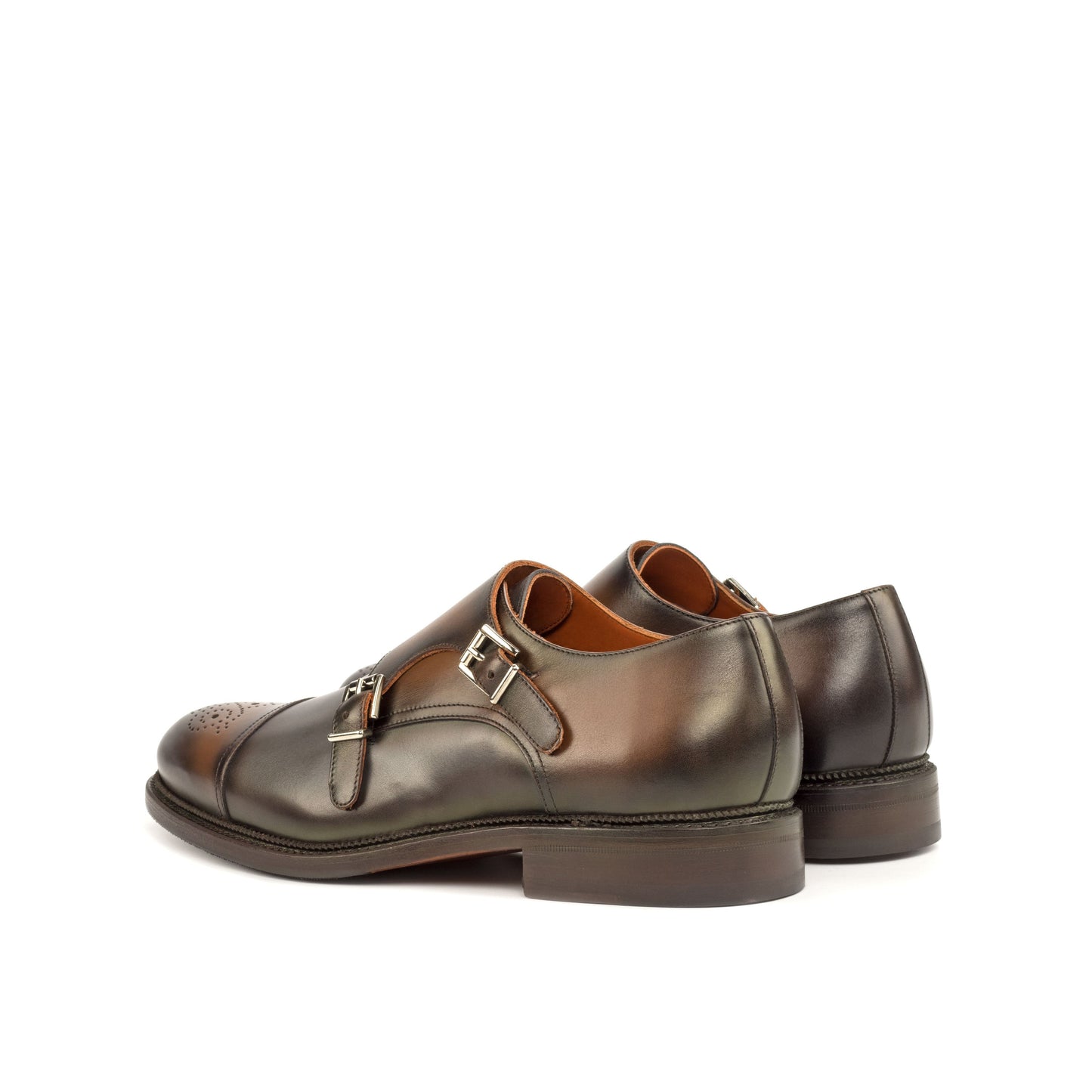 Double Monk Strap in Burnished Burgundy Painted Box Calf and Burnished Grey Painted Box Calf, rear three-quarter view