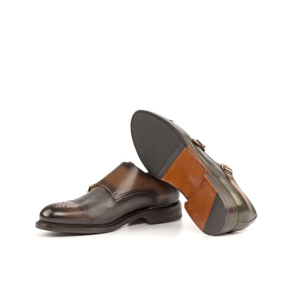 Double Monk Strap in Burnished Burgundy Painted Box Calf and Burnished Grey Painted Box Calf showing cognac leather and rubber combination sole