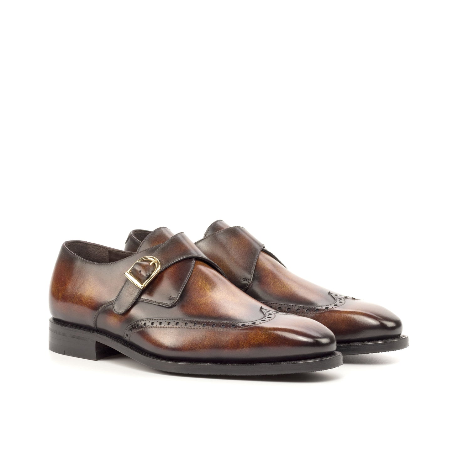 Single Monk Strap in Fire Museum Patina Box Calf and Black Herringbone Fabric, front three-quarter view