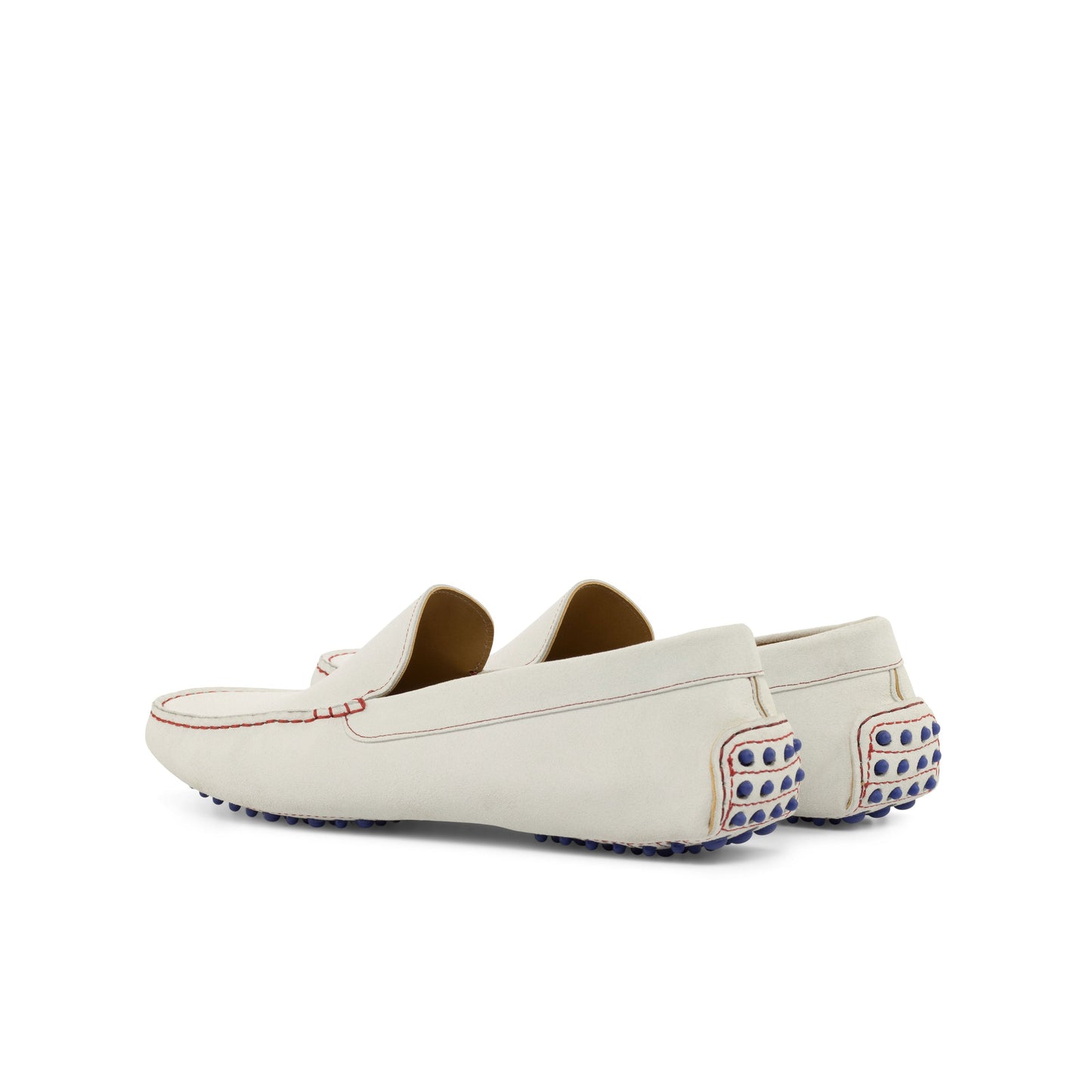 Driver in White Calf Suede, rear three-quarter view