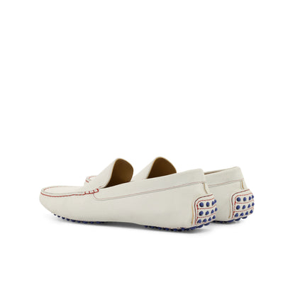 Driver in White Calf Suede, rear three-quarter view