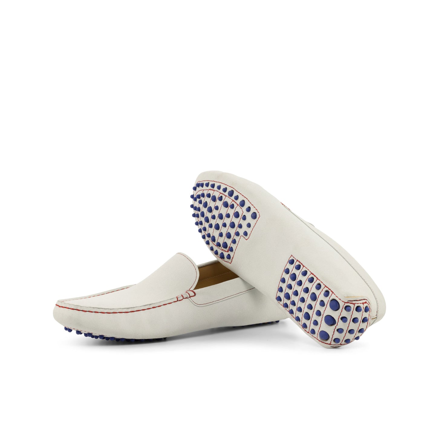 Driver in White Calf Suede, blue rubber pebble sole