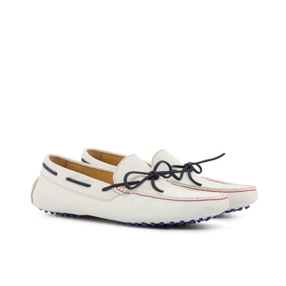 Driver Bow in White Calf Suede, front three-quarter view