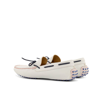 Driver Bow in White Calf Suede, rear three-quarter view