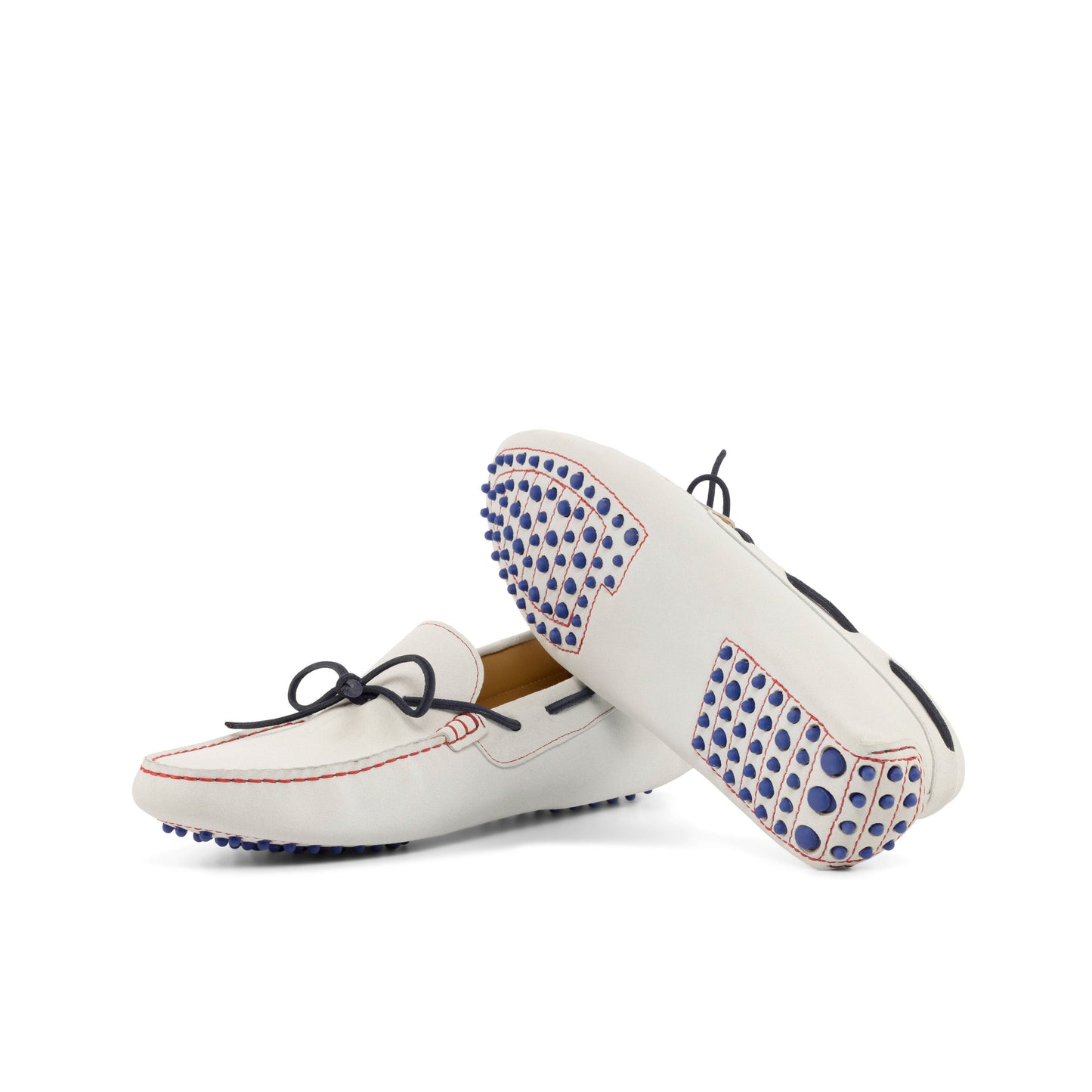 Driver Bow in White Calf Suede, blue rubber pebble sole