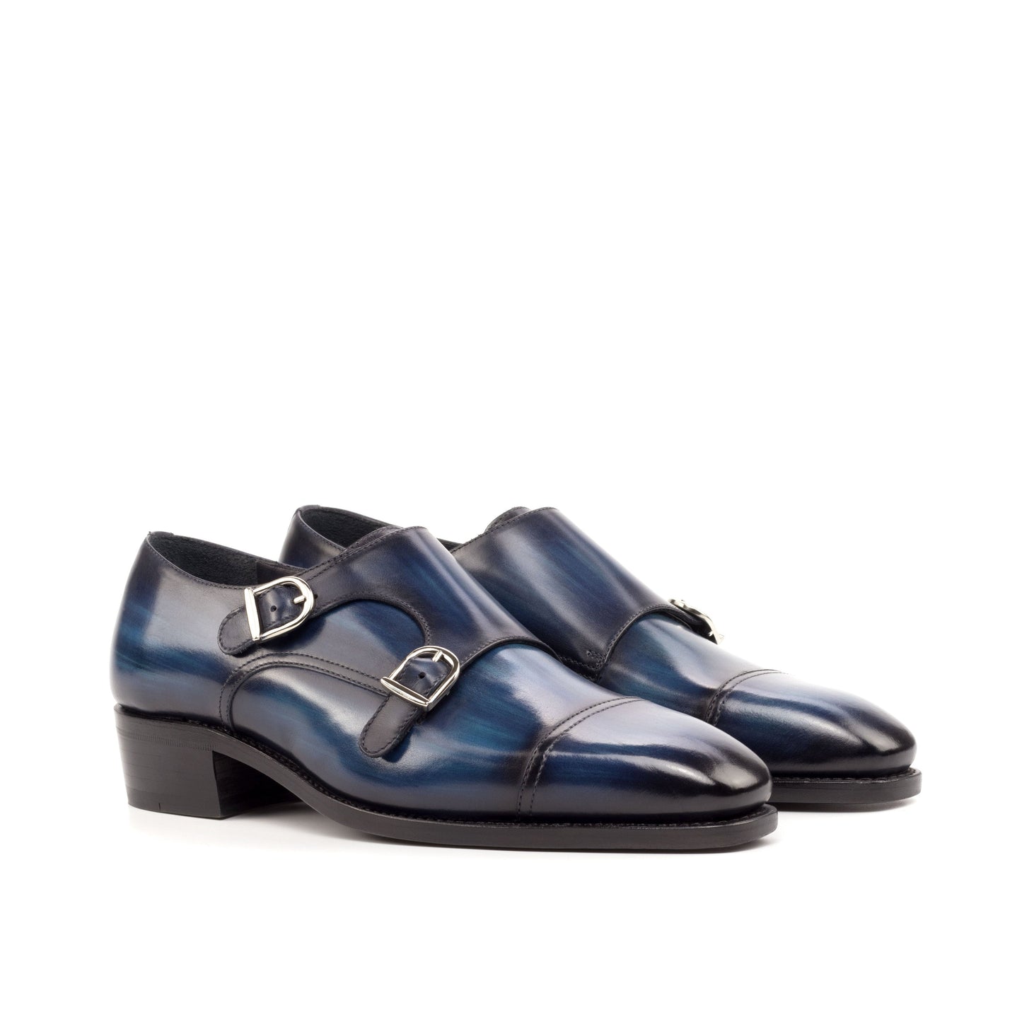 Double Monk Strap in Denim Patina Box Calf, front three-quarter view