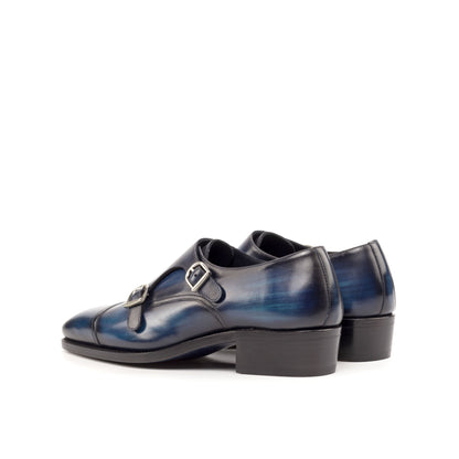 Double Monk Strap in Denim Patina Box Calf, rear three-quarter view