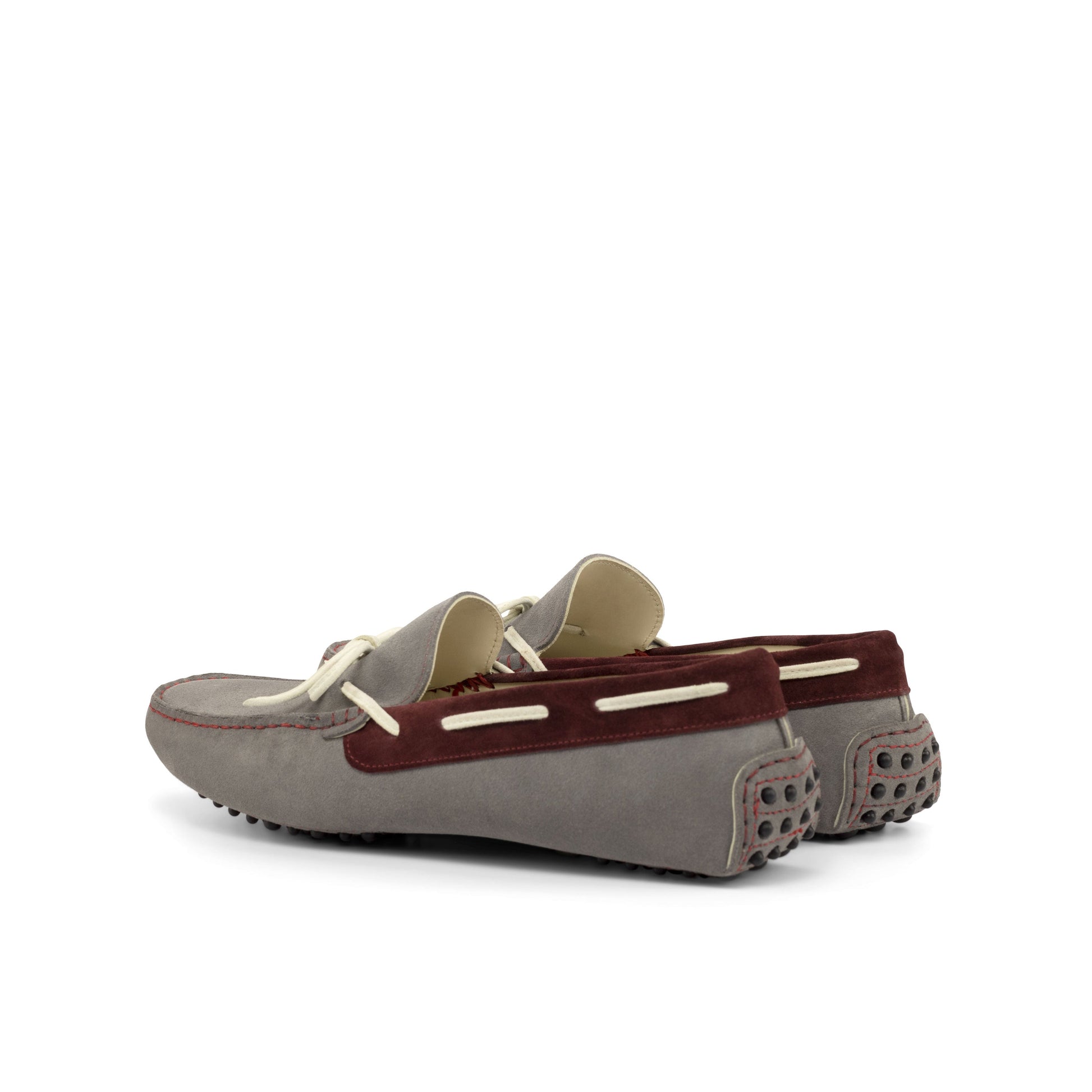 Driver Bow in Grey Calf Suede and Velvet Calf Suede, rear three-quarter view
